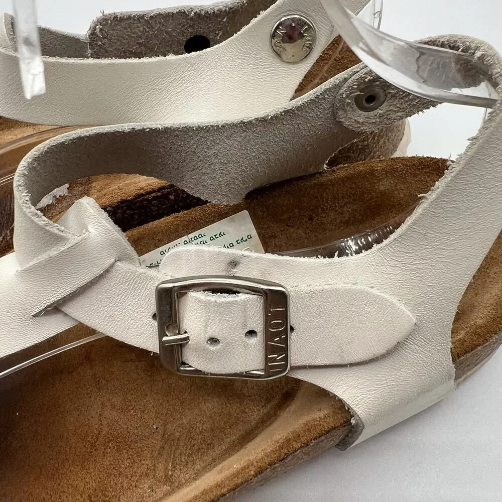 Naot Leather Thong Flat Sandals White Brown Buckles Womens Size 37 US 6 Boho
